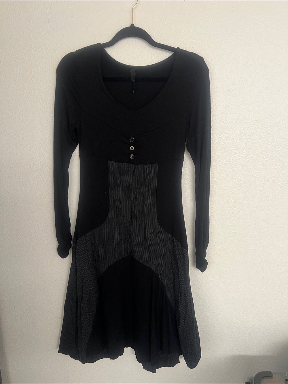 Black Long-Sleeve Paneled Fit-and-Flare Dress with Button Detail